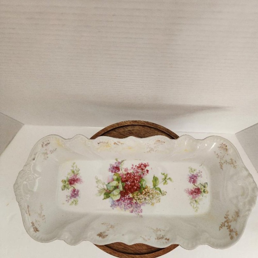 Antique Hand Painted Relish/Celery /Bread Dish-Pinks, Green, Purple-13"